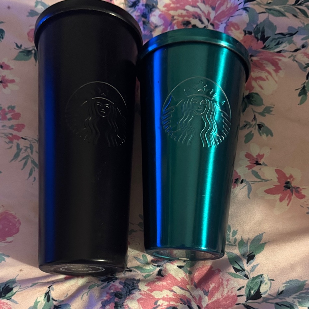 Starbucks Matte Black & Metallic Teal Logo Tumblers